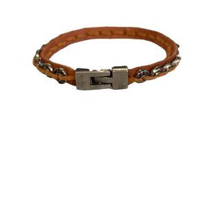 Brown‎ and Silvertone Beaded Bracelet Discs Interlock Clasp 7"